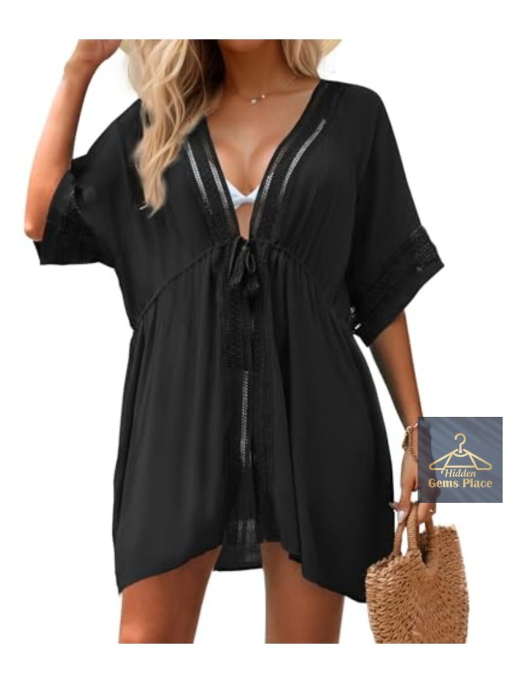 Swimsuit Cover Up Beach Open Front Deep V-Neck Drawstring Coverup
